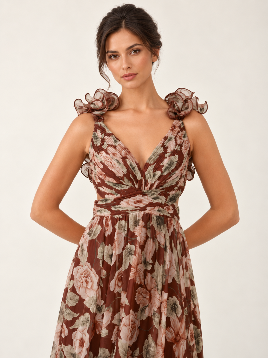 Mocha Fleur Ruffle Maxi Dress — pleated bodice detail