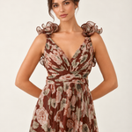 Mocha Fleur Ruffle Maxi Dress — pleated bodice detail