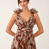 Mocha Fleur Ruffle Maxi Dress — pleated bodice detail