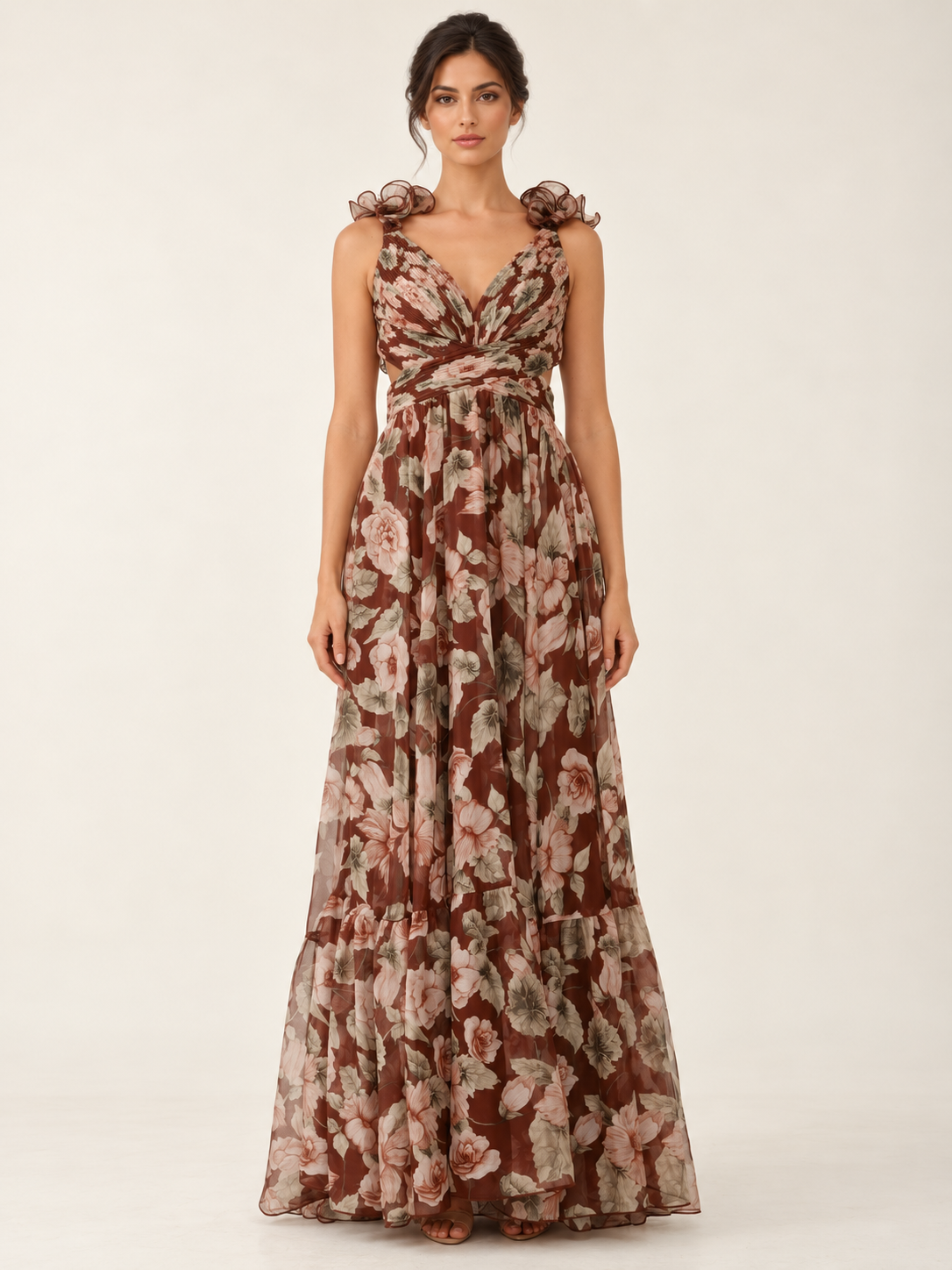 Mocha Fleur Ruffle Maxi Dress — front
