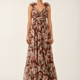 Mocha Fleur Ruffle Maxi Dress — front
