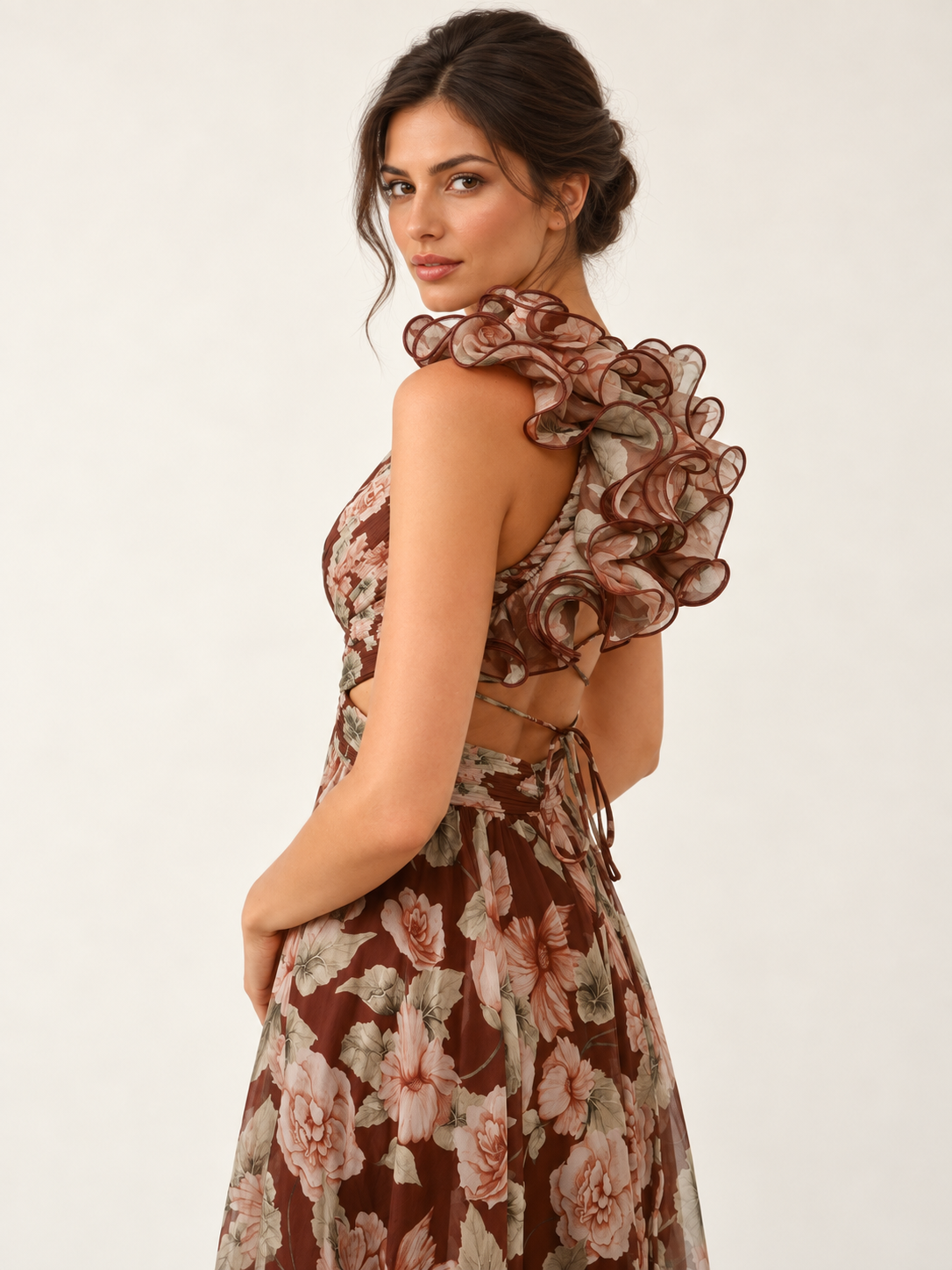 Mocha Fleur Ruffle Maxi Dress — ruffle shoulder detail