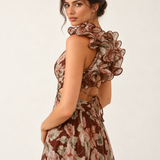 Mocha Fleur Ruffle Maxi Dress — ruffle shoulder detail