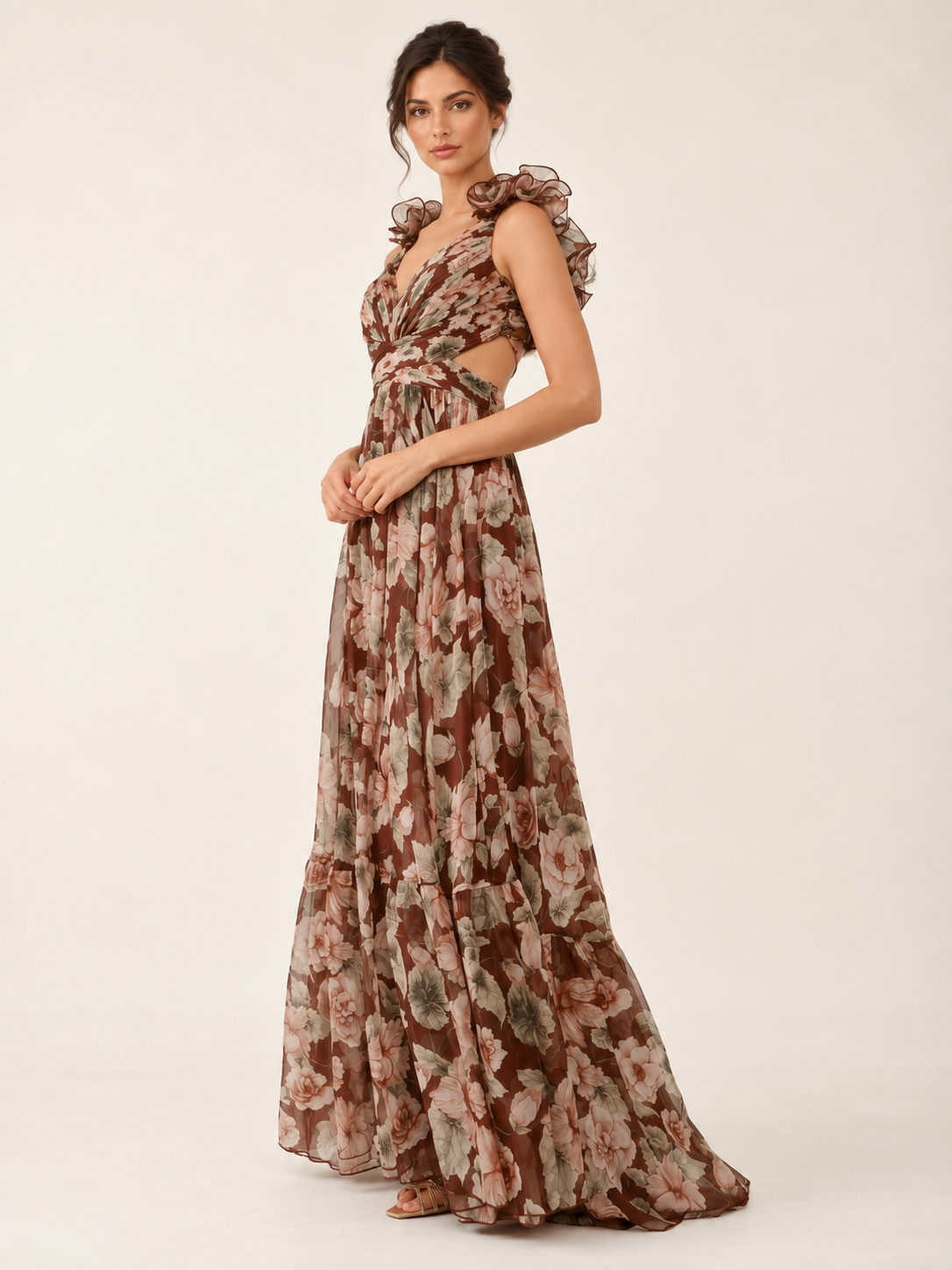 Mocha Fleur Ruffle Maxi Dress — side