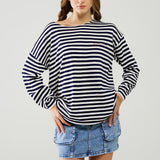 navy blue striped fine knit sweater with boat neck