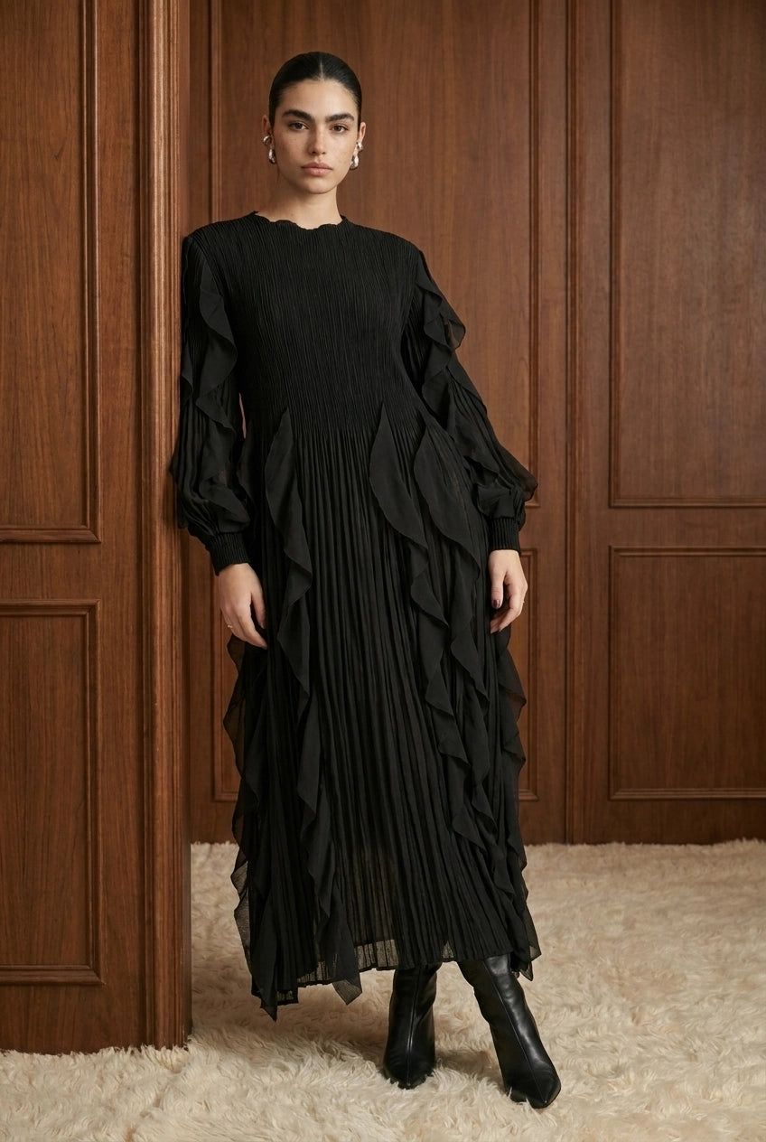 Nocturne Cascade Plissé Maxi Dress in Black — alternate view