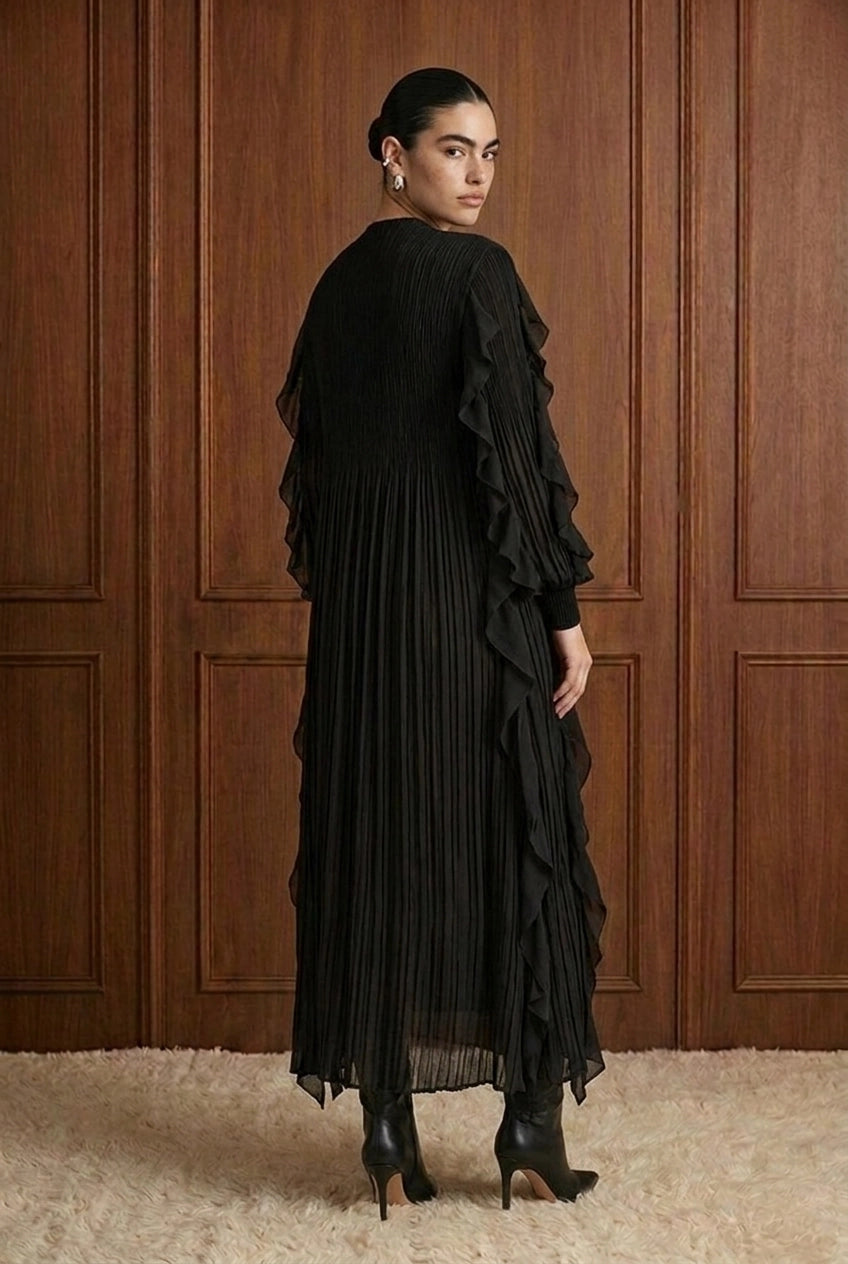 Nocturne Cascade Plissé Maxi Dress in Black — back view