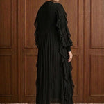 Nocturne Cascade Plissé Maxi Dress in Black — back view