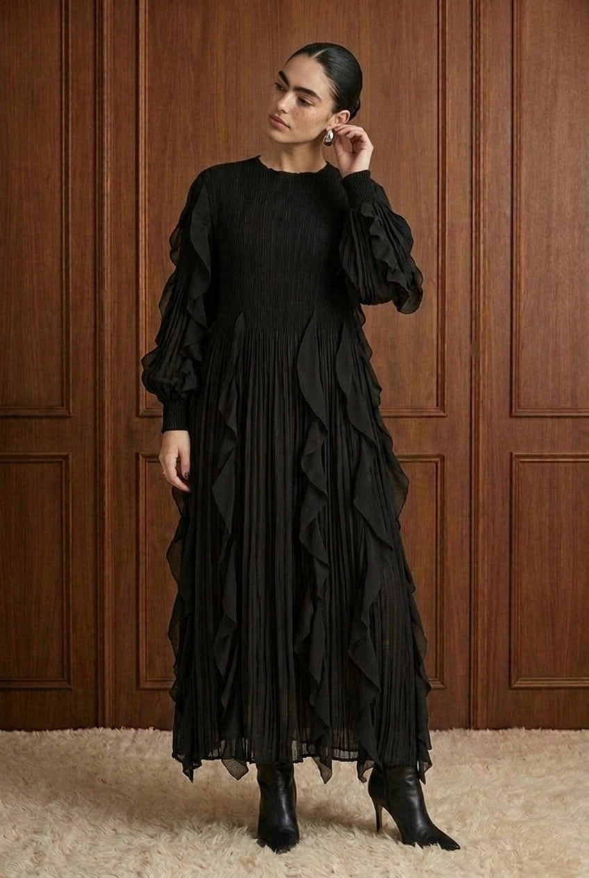 Nocturne Cascade Plissé Maxi Dress in Black — front view