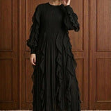 Nocturne Cascade Plissé Maxi Dress in Black — front view