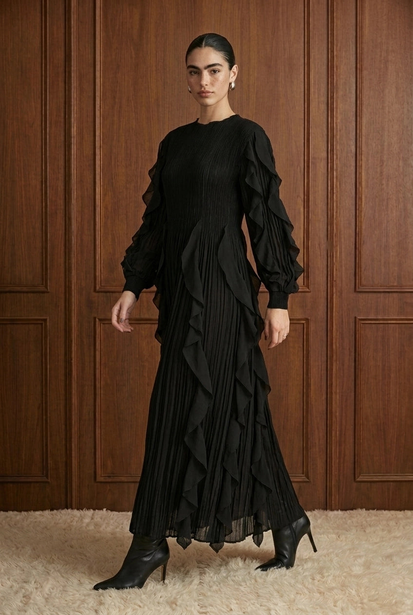 Nocturne Cascade Plissé Maxi Dress in Black — movement view
