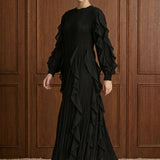Nocturne Cascade Plissé Maxi Dress in Black — movement view