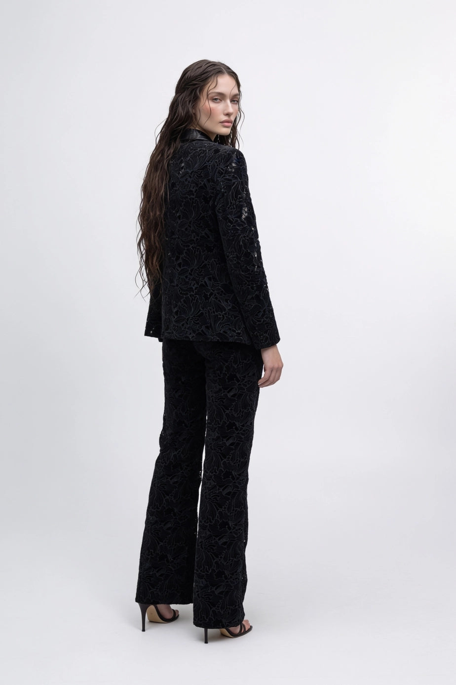 Noir Atelier Velvet Lace Suit Set in Black — back view