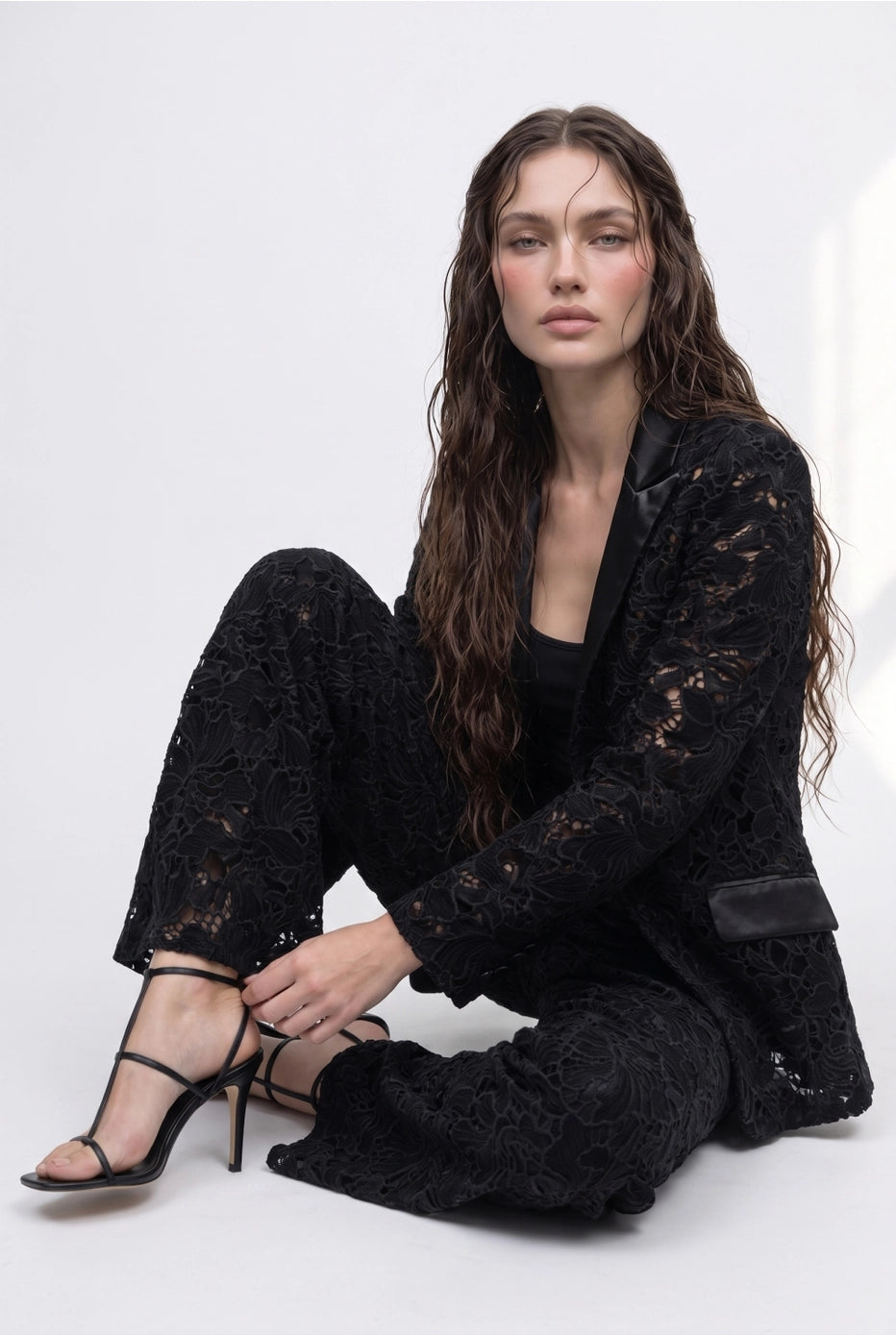 Noir Atelier Velvet Lace Suit Set in Black — detail view