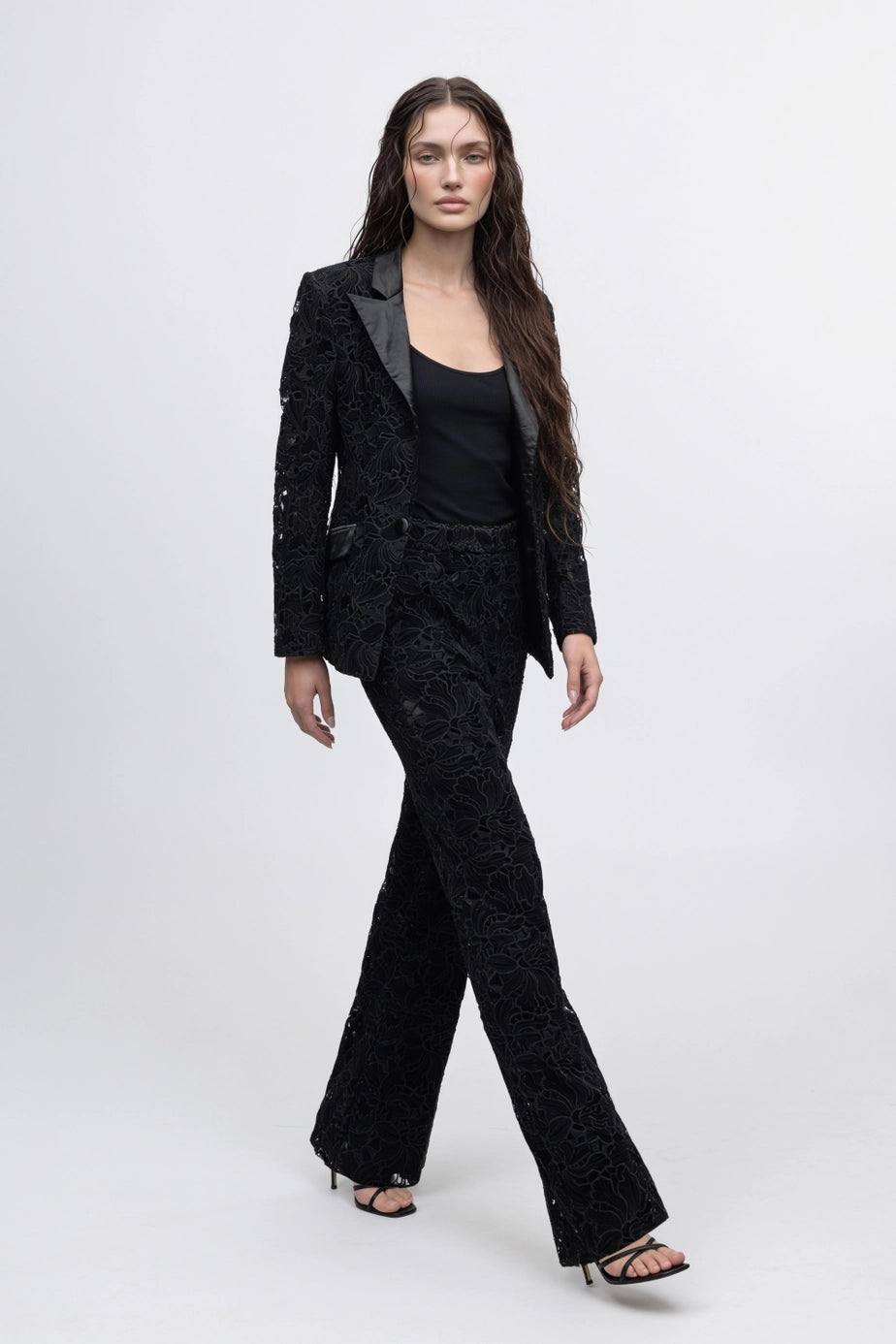 Noir Atelier Velvet Lace Suit Set in Black — movement view