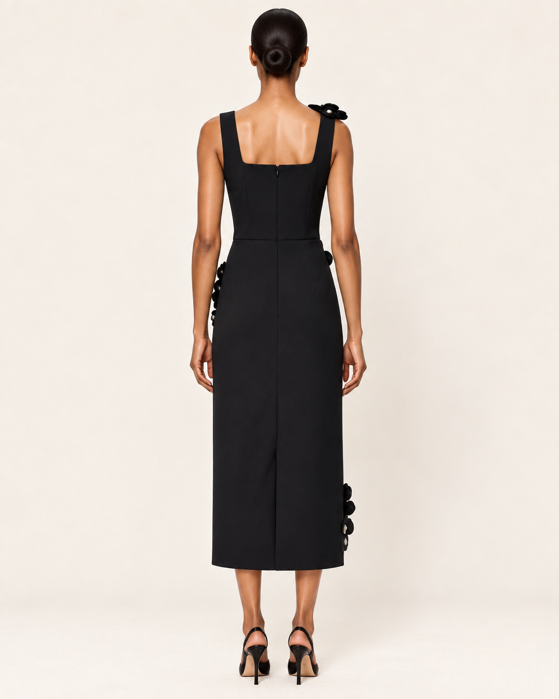 Noir Camellia black floral applique midi dress back view