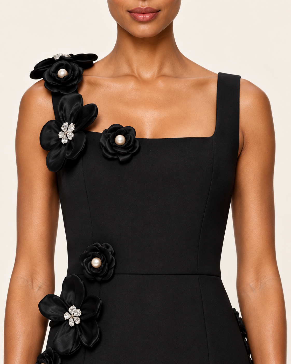 Noir Camellia black floral applique midi dress detail view