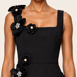 Noir Camellia black floral applique midi dress detail view