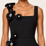 Noir Camellia black floral applique midi dress detail view