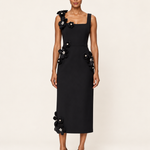 Noir Camellia black floral applique midi dress front view