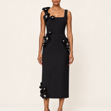 Noir Camellia black floral applique midi dress front view