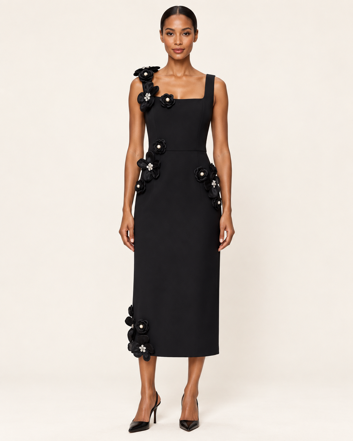 Noir Camellia black floral applique midi dress front view