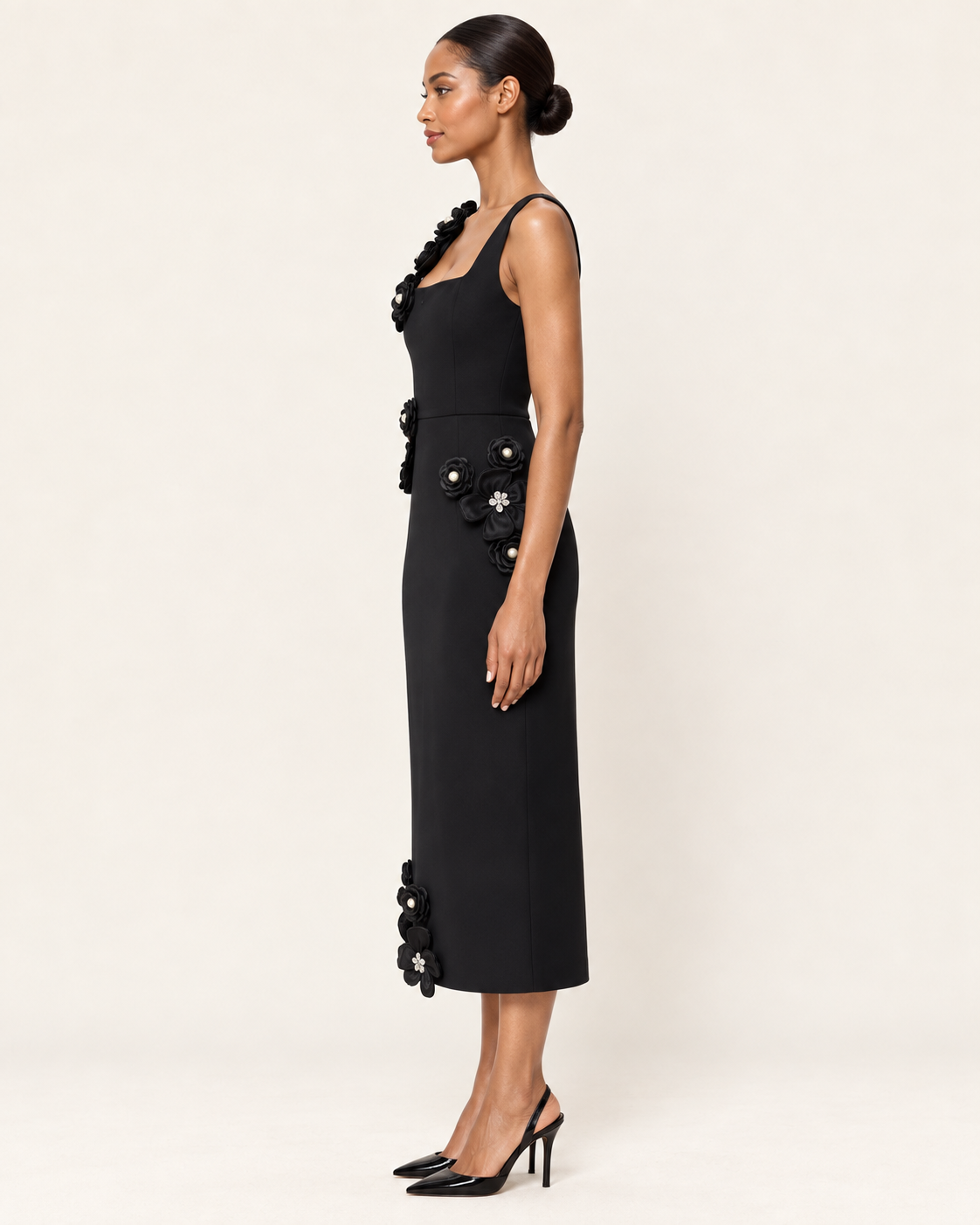 Noir Camellia black floral applique midi dress side view