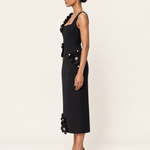 Noir Camellia black floral applique midi dress side view