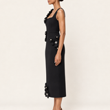 Noir Camellia black floral applique midi dress side view