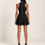 Noir Élégance Gold-Buckle Pleated Mini Dress — back view on model