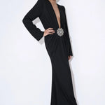 Noir Solstice black crystal maxi dress with plunging neckline, front view