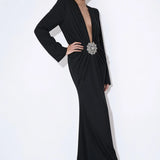 Noir Solstice black crystal maxi dress with plunging neckline, front view