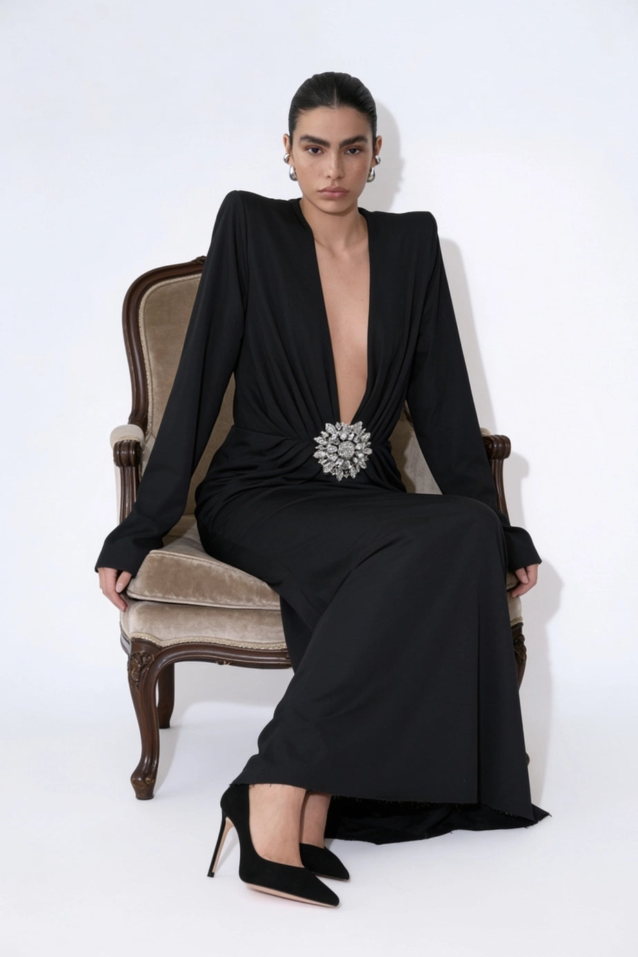 Noir Solstice crystal waist maxi dress, seated view