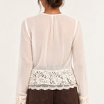 Back view of Georgette Lace Blouse in ecru showing sheer georgette and scalloped lace hem