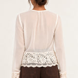 Back view of Georgette Lace Blouse in ecru showing sheer georgette and scalloped lace hem
