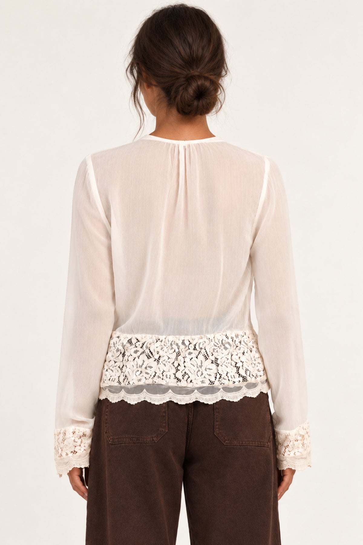 Back view of Georgette Lace Blouse in ecru showing sheer georgette and scalloped lace hem