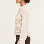 Side view of Georgette Lace Blouse in ecru with sheer long sleeves