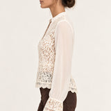 Side view of Georgette Lace Blouse in ecru with sheer long sleeves