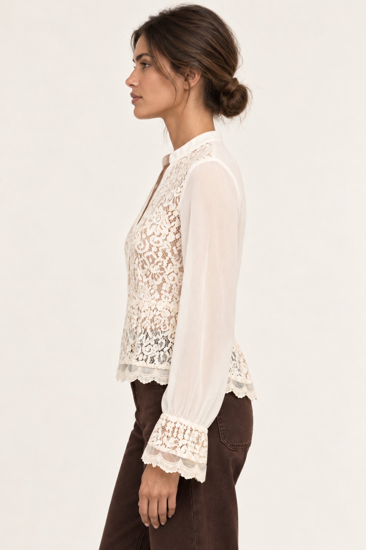 Side view of Georgette Lace Blouse in ecru with sheer long sleeves