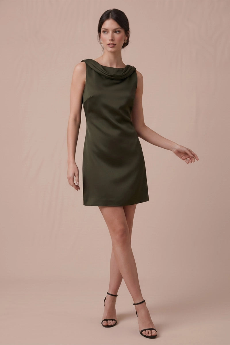 Olive Muse satin mini dress with draped neckline, full-length front view