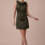 Olive Muse satin mini dress with draped neckline, full-length front view