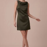 Olive Muse satin mini dress with draped neckline, full-length front view