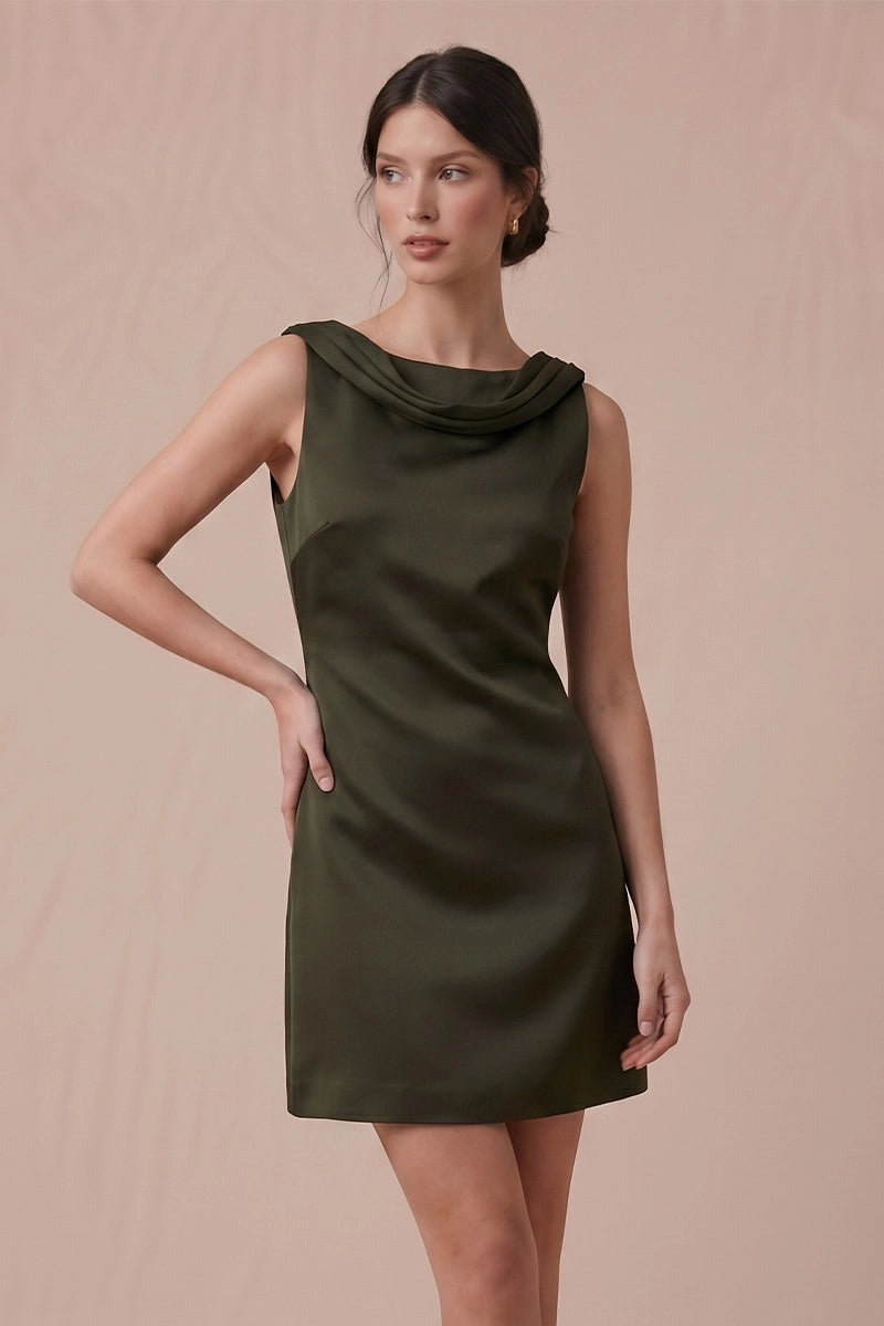 Olive satin mini dress with sleeveless cut and softly draped front neckline