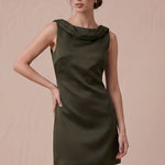 Olive satin mini dress with sleeveless cut and softly draped front neckline