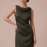 Olive satin mini dress with sleeveless cut and softly draped front neckline
