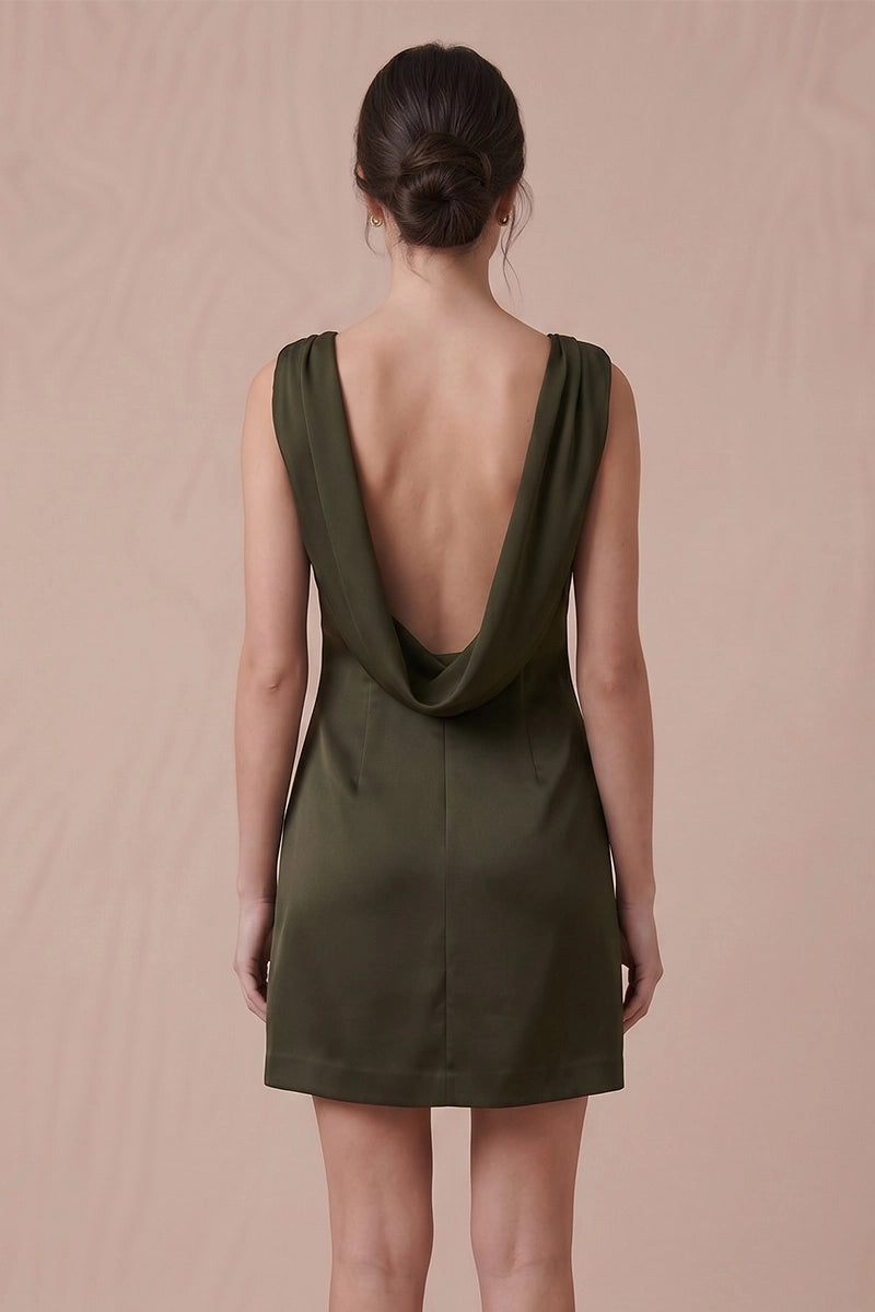 Open cowl back of the Olive Muse satin mini dress