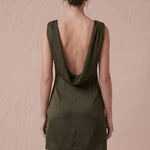 Open cowl back of the Olive Muse satin mini dress