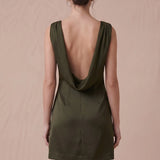 Open cowl back of the Olive Muse satin mini dress