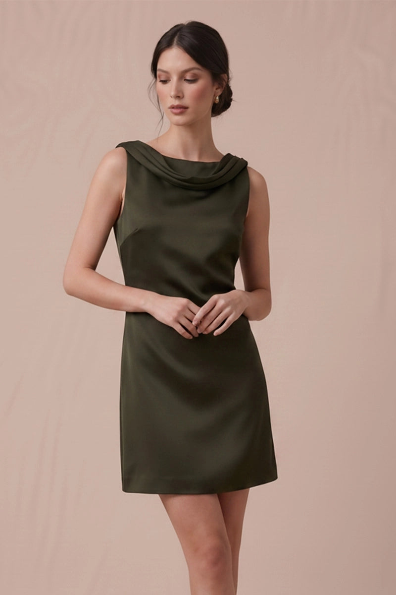 Olive Muse draped satin mini dress, front detail