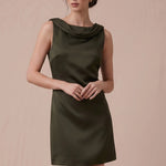 Olive Muse draped satin mini dress, front detail